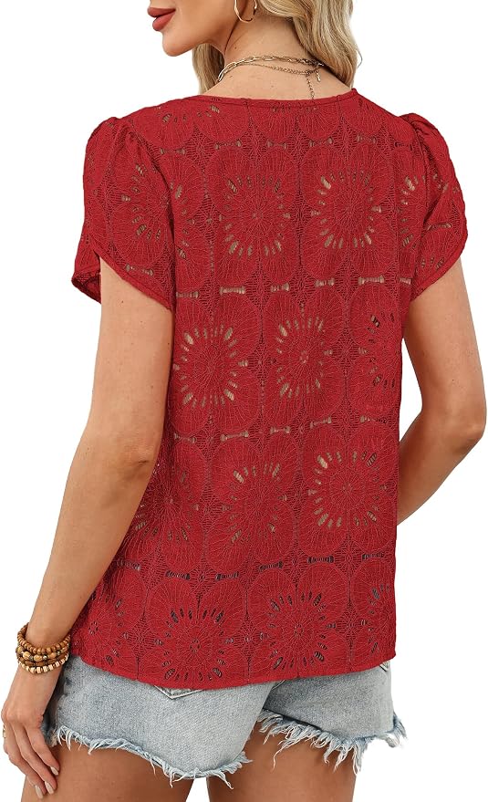 OFEEFAN Blouses for Women Dressy Casual Petal Short Sleeve Shirts Crochet Lace Boho Tops Spring Fashion Summer Outfits - Image 5