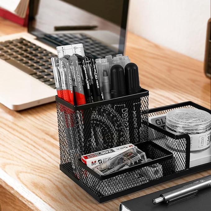 M&G Mesh Pen Holder Desk Organizers Pencil Holder for Desk Black, 3 Compartments Metal Office Supply Organizer with Sticky Notes Holder for School Home Office - Image 6