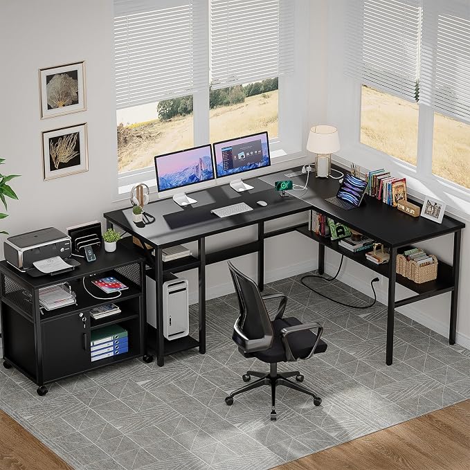 Unikito Reversible L Shaped Desk with Magic Power Outlets and USB Charging Ports, Sturdy Corner Computer Desk with Storage Shelves, Gaming Table Home Office Desk, Easy to Assemble, Black - Image 8