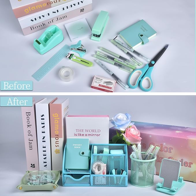 Green and Blue Desk Accessories, 26Pcs Office Supplies and Desk Organizers, with Tape Dispenser, Stapler, Staple Remover, Ect, Gift Box Packaging - Image 7