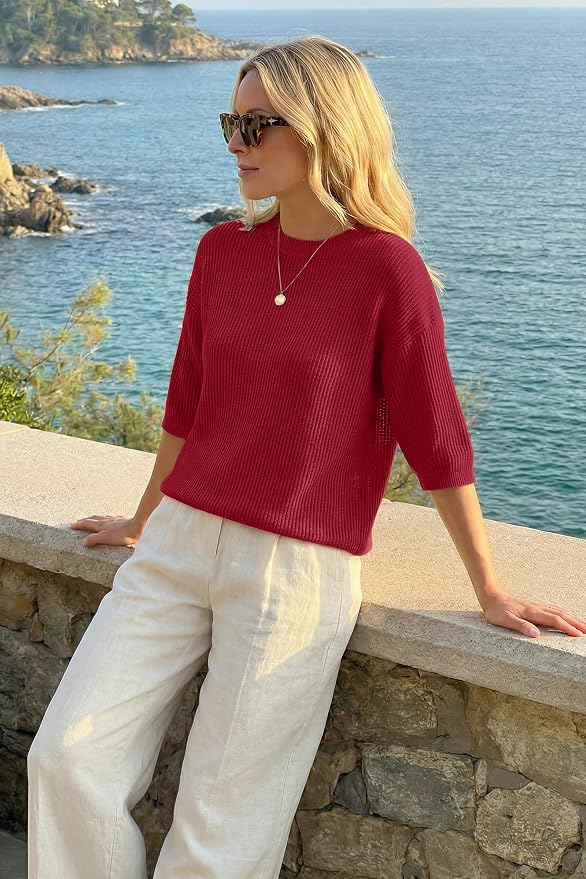 Arach&Cloz Womens Summer 100% Cotton Oversized Crochet Tops 3/4 Length Sleeve Sweater Hollow Out Casual Blouses 2026 - Image 6