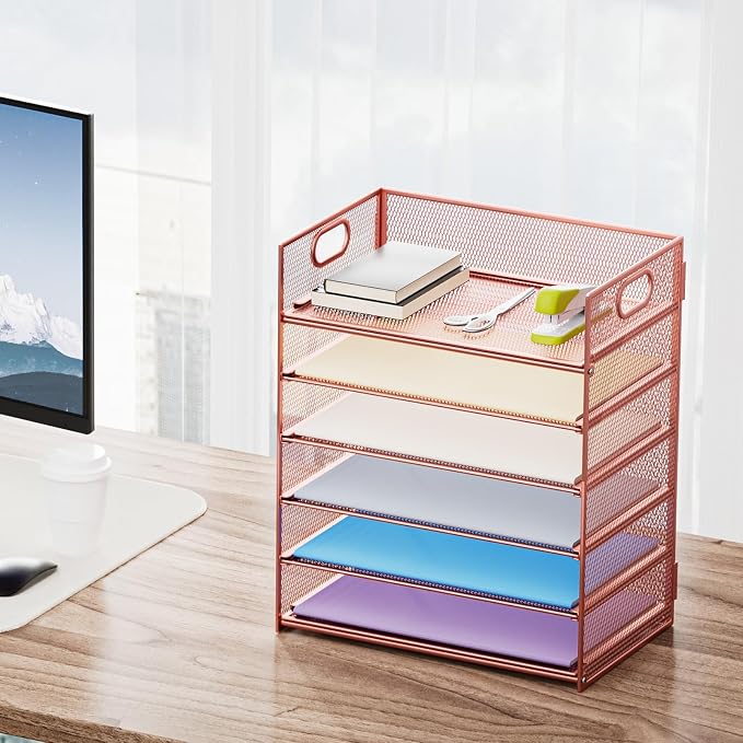 Marbrasse 6 Tier Paper Organizer Letter Tray - Mesh Desk File Organizer with Handle, Paper Sorter Organizer for Letter/A4 Office File Folder Holder - Rose Gold - Image 6