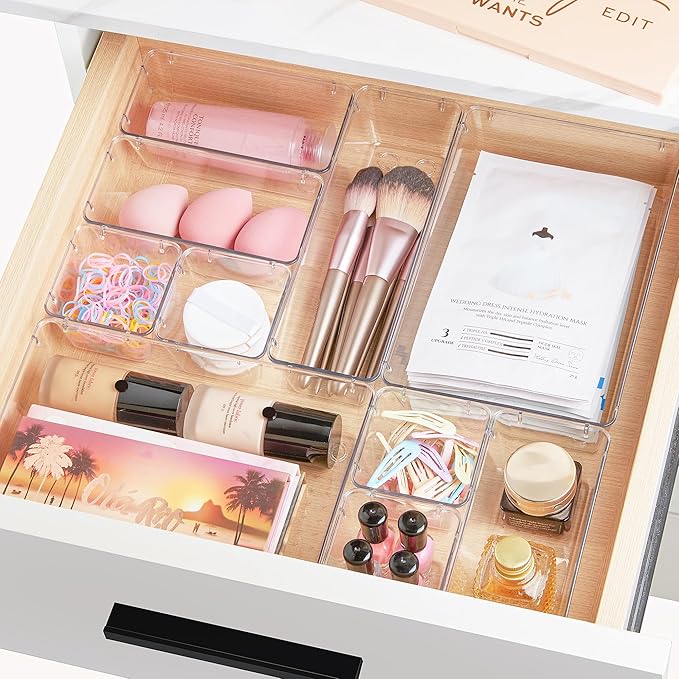 Vtopmart 25 PCS Clear Plastic Drawer Organizers Set, 4-Size Versatile Bathroom and Vanity Drawer Organizer Trays, Storage Bins for Makeup, Bedroom, Kitchen Gadgets Utensils and Office | 4-Size Versatile Makeup Organizer, Storage Containers Small Bins f... - Image 8