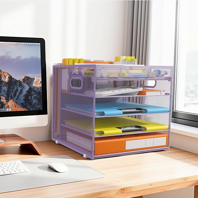 Docnest 5 Tier Desk Organizer with Hanging File Folder Holder&Tray, Purple | Features 3 detachable pen holders and 4 removable dividers.Versatile mesh desktop storage for mail, document,office supplie - Image 6