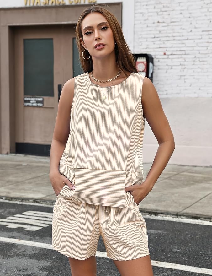 LOMON Women's Trendy 2 Piece Outfits Shorts Sets Summer Crew Neck Sleeveless Tank Top and Bottom Matching with Pockets 2026 - Image 7