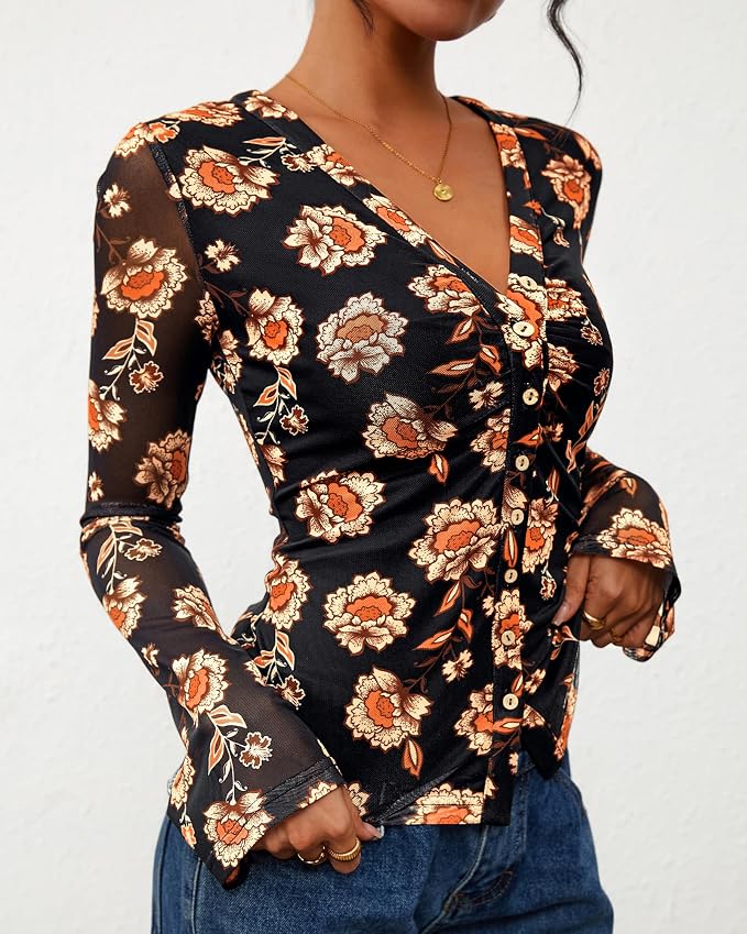 BTFBM Button Down Shirts for Women 2026 Fall Boho Tops V Neck Long Sleeve Blouses Ruched Mesh Fitted Fashion Clothing - Image 8