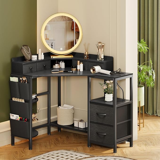 VENNQD Corner Desk with 6 Drawers Shelves for Small Space Computer Desk with Power Outlets,Gaming Desk with Printer Monitor Stand Storage for Home Office Workstation Writing Table (Black, 31.5) - Image 7