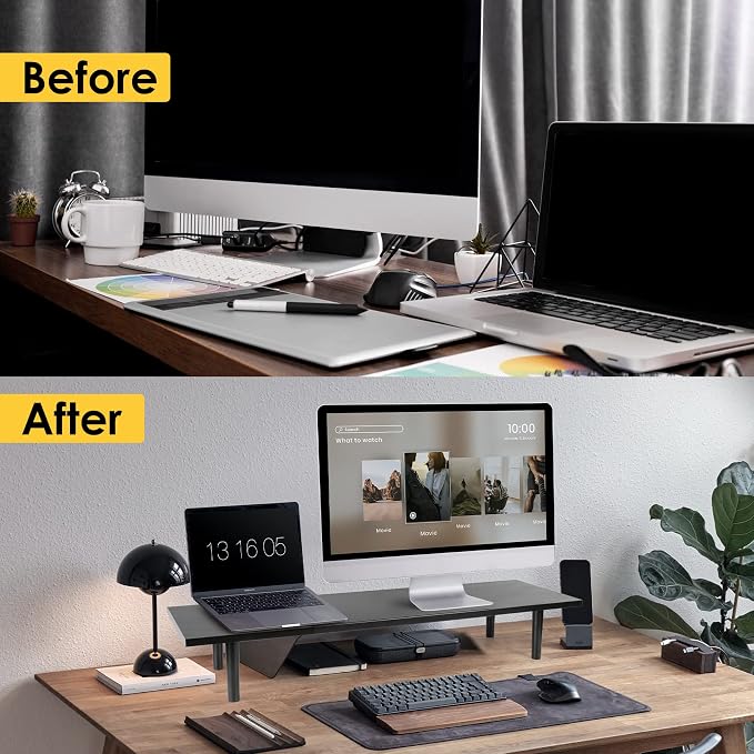 Across-Star Dual-Monitor-Stand-Riser-For-Desk Adjustable Length 32-40 Inch,Large Desktop Computer Monitor Riser For 2 Screens,Desk Shelf Organizer Riser Stand For Computer/Laptop/PC/Printer/TV Black - Image 7