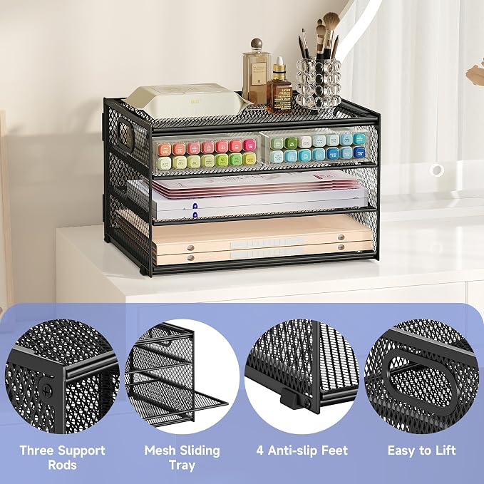 Subekyu Paper Letter Tray Organizer for Desk, Black Metal Mesh Desk File Sorter Organizer with Handle and 2 Sliding Trays for Home Office School Supplies Organization - Image 7