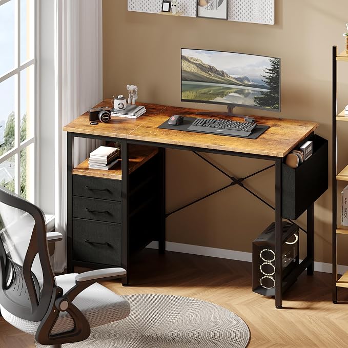 DUMOS 39 Inch Small Computer Desk with Storage, Fabric Drawers | Writing Table, Side Pocket, Space Saving Workstation, Home Office, Gaming Setup, Dorm Apartment, Rustic Brown - Image 8
