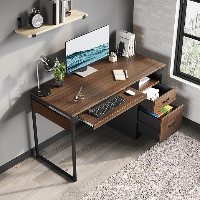 Bestier 48” Computer Desk with Drawers, Office Desk with Storage, Industrial Wood Writing Desk with File Drawer, Keyboard Tray & 2 Hooks for Home Office & Studio, Cherry - Image 9