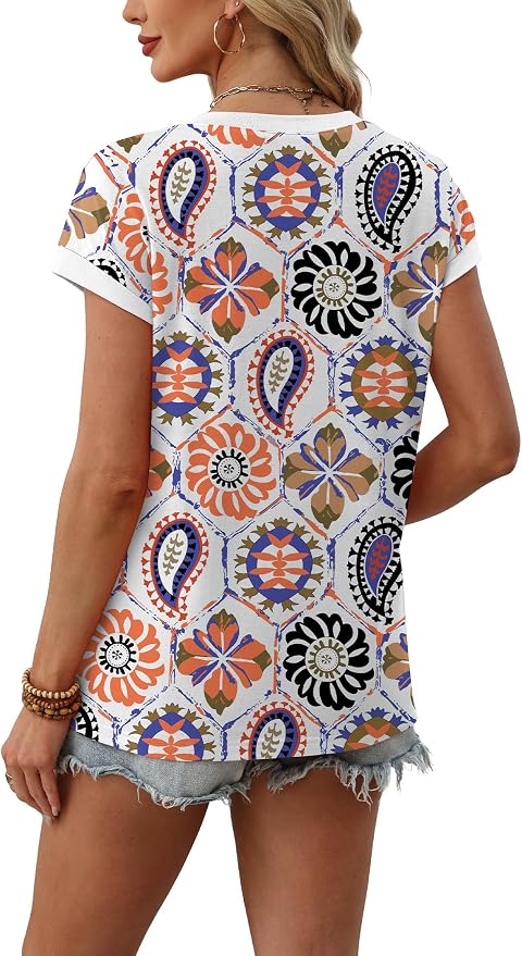 WIHOLL Womens Summer Tops 2026 Cap Short Sleeve Shirs V Neck T Shirts Fashion Beach Vacation Clothes Color Block - Image 5