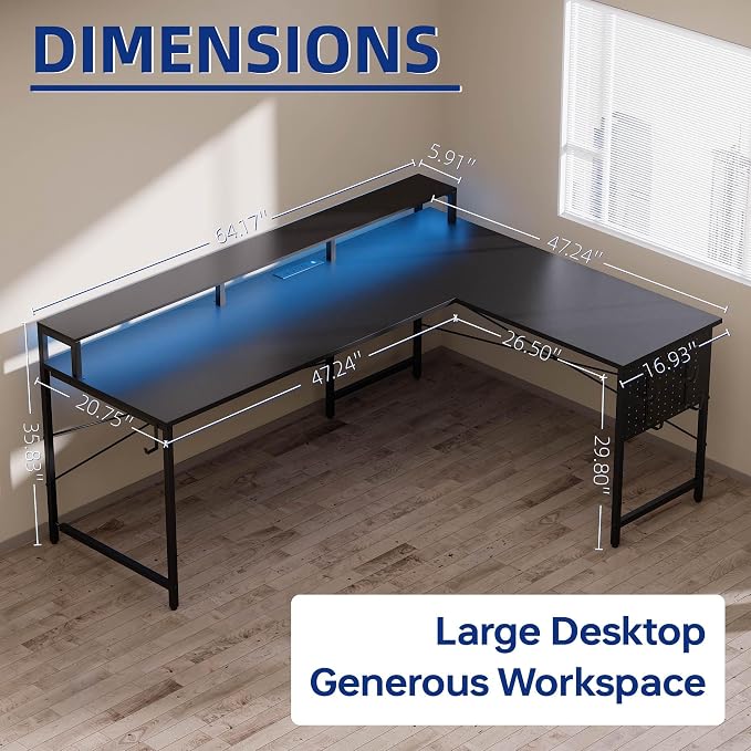 Pamray 64 Inch L Shaped Gaming Desk with Monitor Stand and Power Outlets | Large Corner Computer Desk With Pegboard & Led Lights USB Charging Ports for Home Office Study and Writing Bedroom and Dorms - Image 7
