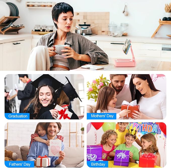 TechGlow Gifts for Men Women Foldable Cellphone Stand with Bluetooth Speaker and Charging Function 360° Rotatable Phone Stand Birthday Gift Idea for Mom Dad Cool Tech Gifts-Pink - Image 7