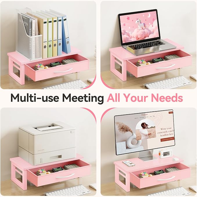 Desk Organizers and Accessories, Computer Monitor Stand Riser with Fabric Drawer, 2-Tier Laptop Stand for Desk, Office Organization Accessories, Pink - Image 7