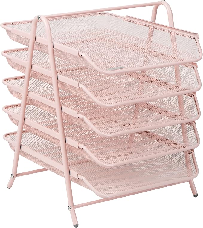 Mind Reader 5-Tier Paper Tray Organizer, Vertical Desktop File Storage Rack, Office, Metal Mesh, Pink (Pack of 6) - Image 7
