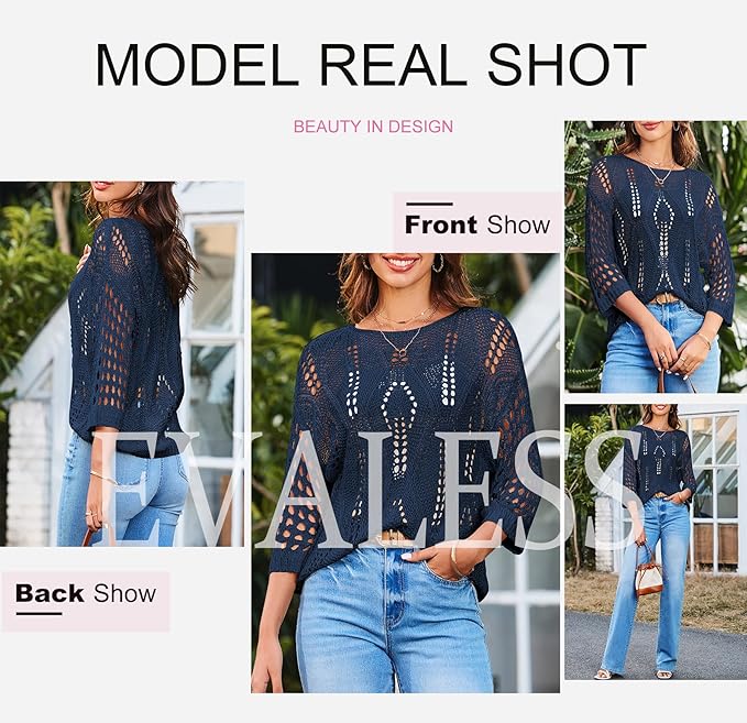 EVALESS Womens Crochet Hollow Out Knit Tops Half Sleeve Spring Summer Sweaters Beach Cover Ups for Women Trendy 2026 - Image 6