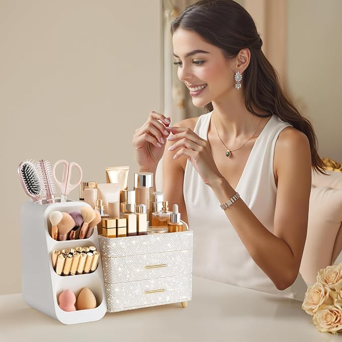 HBlife Makeup Organizer with Brush Holder for Vanity, Large Plastic Bathroom Countertop Organizer Skin Care Storage, Easy to Store Nail Polishes, Perfumes, Eyeshadow Palettes, Pearl All White - Image 6