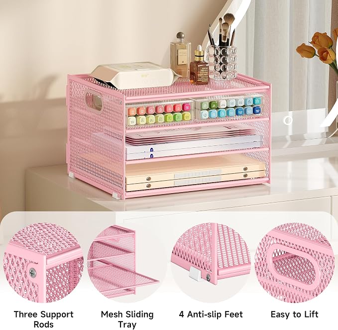Subekyu Paper Letter Tray Organizer for Desk, Pink Metal Mesh Desk File Sorter Organizer with Handle and 2 Sliding Trays for Home Office School Supplies Organization - Image 7