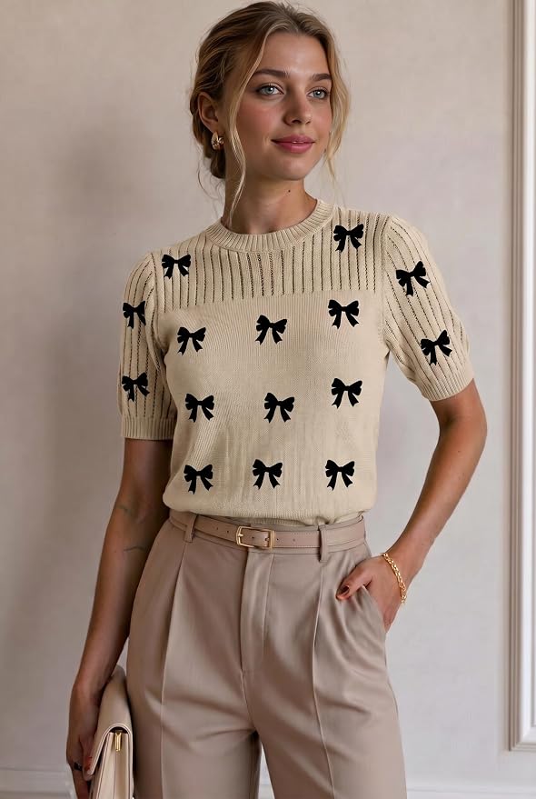 Zeagoo Women's Short Sleeve Sweater Tops 2026 Spring Summer Crew Neck Hollow Out Blouses Dressy Business Casual Outfits - Image 5