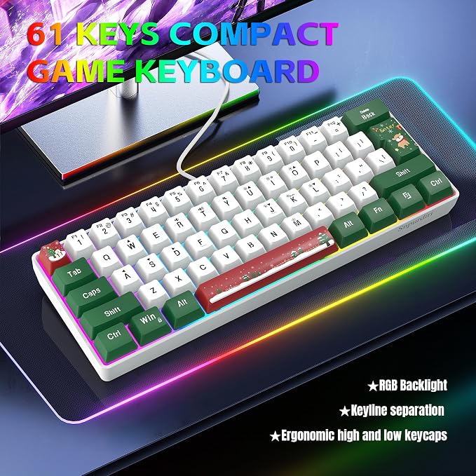 Snpurdiri 60% Wired Gaming Keyboard, RGB 61-Key (Red Green White) | Backlit Small Ultra-Compact 60 Percent Gaming Keyboard for PC/Mac Gamer, Typist, Travel, Easy to Carry on Business Trip - Image 9