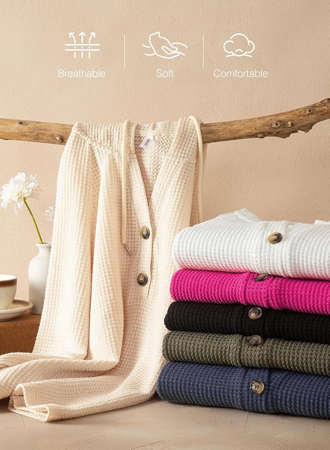 Dokotoo Hoodies for Women Waffle Knit Long Sleeve Drawstring Button V Neck Casual Sweatshirt Hooded Tops Fashion Clothing - Image 6