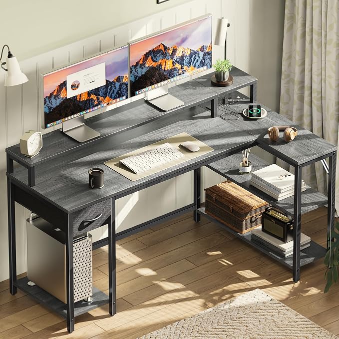 SUPERJARE 53 inch Reversible L Shaped Desk with LED Lights & Power Outlets, Computer Desk with Shelves & Monitor Stand, Gaming Desk with Drawer, Home Office Desk Corner Desk, Grey - Image 9