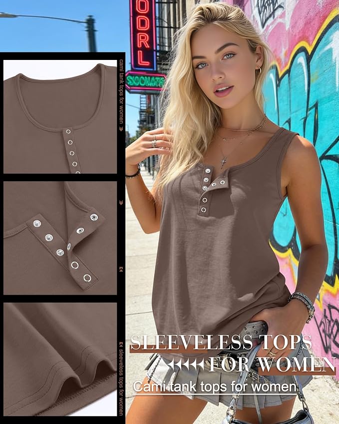 Ficerd 3 Pack Women's Henley Tank Tops Sleeveless Button Down Summer Shirts 2026 Casual Trendy Loose U Neck Tee Blouses - Image 5