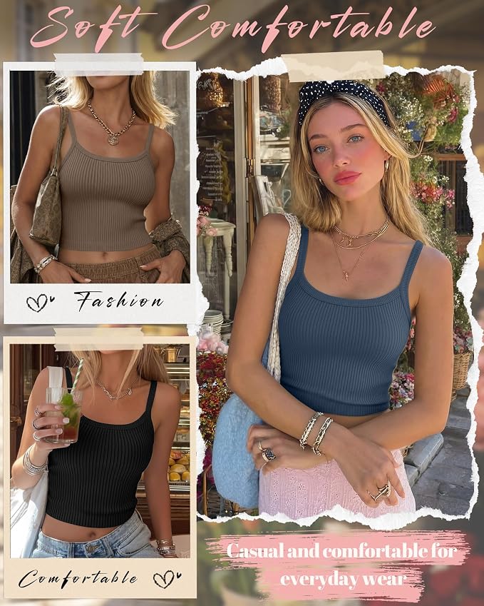 Ficerd 3 Pack Women's Tank Tops 95% Cotton Spaghetti Strap Ribbed Crop Camisole Slim Fitted Basic Summer Sleeveless Layer - Image 5