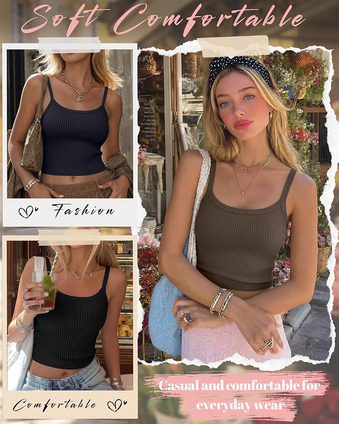 Ficerd 3 Pack Women's Tank Tops 95% Cotton Spaghetti Strap Ribbed Crop Camisole Slim Fitted Basic Summer Sleeveless Layer - Image 5