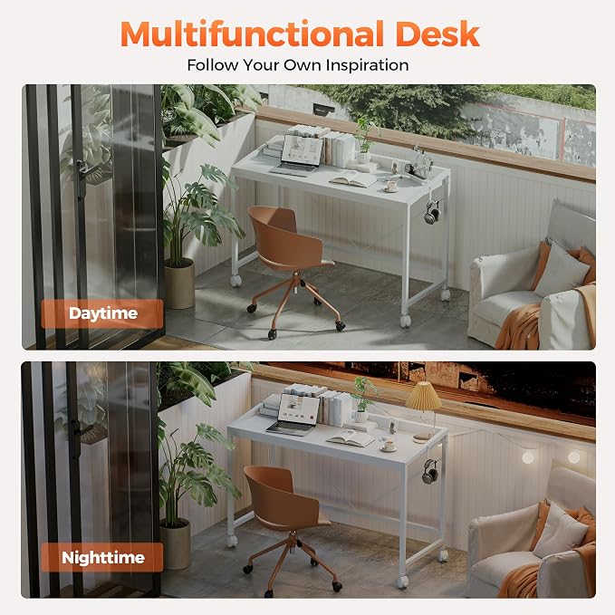 Mericonia 32x20 Inch Small Computer Desk with Wheels & Rear Lip | Simple Rolling Desk, Writing Table for Home Office Bedroom Work Study, White - Image 9