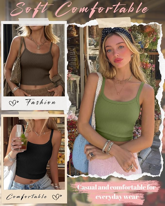 Ficerd 3 Pack Women's Tank Tops 95% Cotton Spaghetti Strap Ribbed Crop Camisole Slim Fitted Basic Summer Sleeveless Layer - Image 5