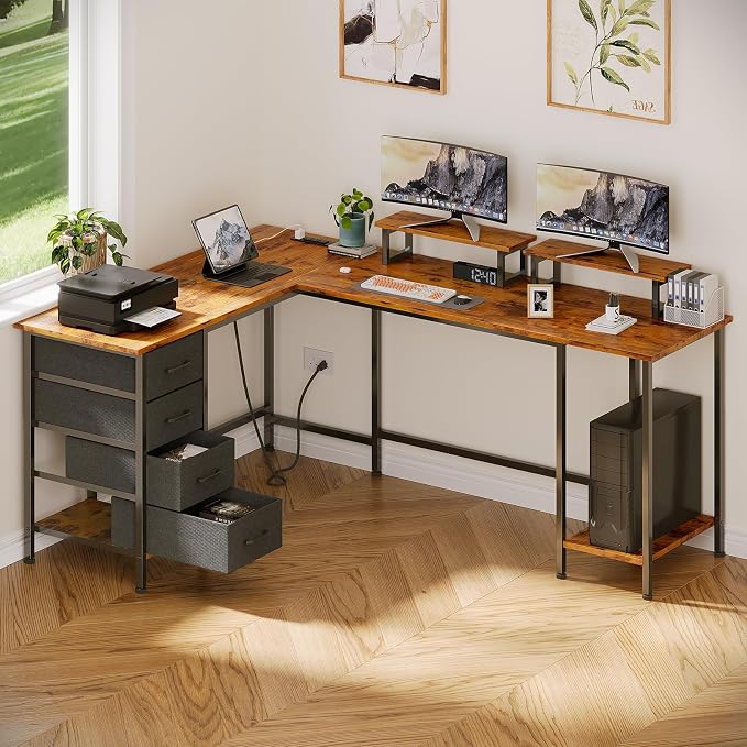 Korfile 66 inch L Shaped Computer Desk with Power Outlets, Rustic Brown | Ideal for Home Office, Bedroom, Corner, 4 Adjustable Storage Drawers, 2 Monitor Stands, Reversible, Two Person Gaming Table - Image 8