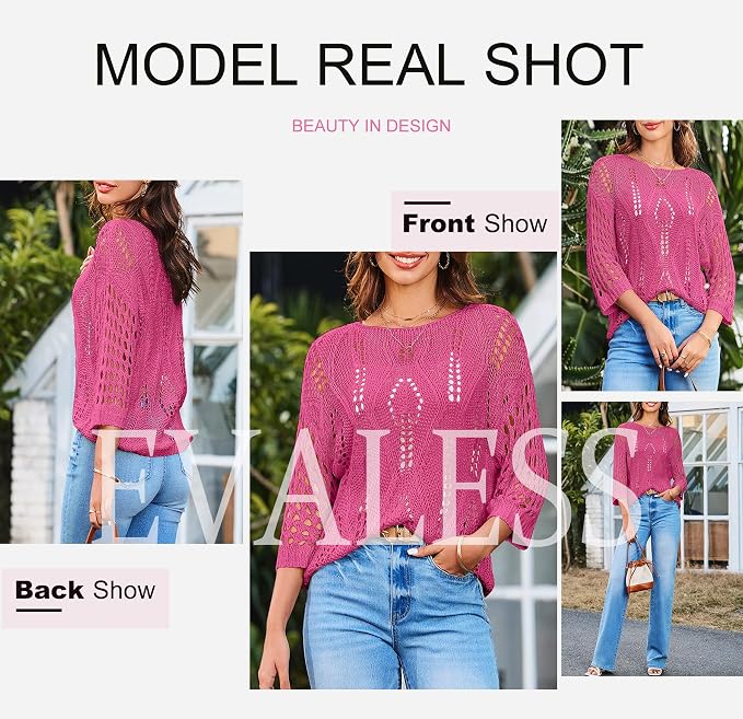 EVALESS Womens Crochet Hollow Out Knit Tops Half Sleeve Spring Summer Sweaters Beach Cover Ups for Women Trendy 2026 - Image 6