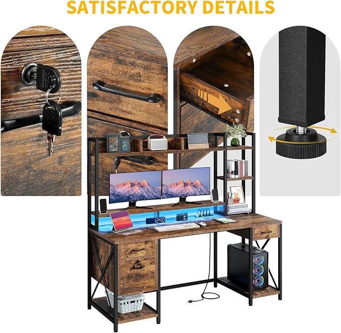 DWVO Computer Desk with Drawers & Hutch, 59.1" Office Desk with Power Outlets & LED Lights, Home Office Desk with Storage Shelves, Rustic Brown | Built-In Power Outlets, Led Lights, Hutch Shelves, Storage Drawers, for Home Office Work Study, Easy Assembly - Image 7