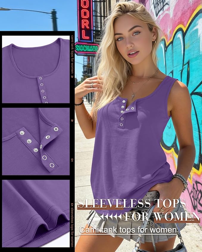 Ficerd 3 Pack Women's Henley Tank Tops Sleeveless Button Down Summer Shirts 2026 Casual Trendy Loose U Neck Tee Blouses - Image 5
