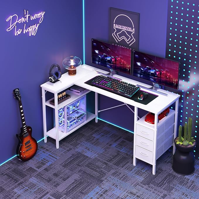 DUMOS L Shaped Desk with Drawers, Gaming Desk, 55 Inch | Power Outlet, Study Table, Adjustable Shelves, Home Office, Corner Computer Workstation, Bedroom, White - Image 8
