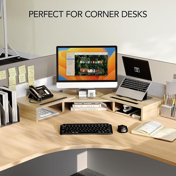 AMERIERGO Dual Monitor Stand Riser- 3 Shelf Screen Stand with Adjustable Length and Angle, 2 Extra Functional Slot Desktop Organizer Stand for PC, Computer, Laptop (Light Wood) - Image 7
