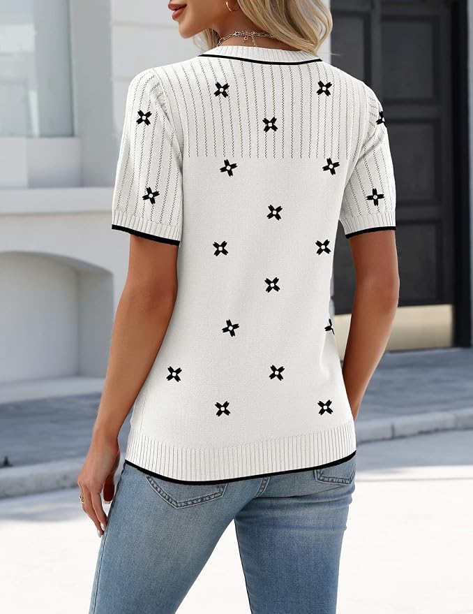 Zeagoo Women's Short Sleeve Sweater Tops 2026 Spring Summer Crew Neck Hollow Out Blouses Dressy Business Casual Outfits - Image 5