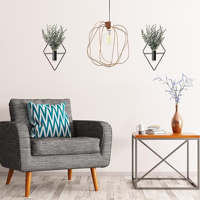 Jexine 4 Pcs Hanging Planters with Artificial Eucalyptus Metal Hanging Vase Indoor Plants Holder Modern Geometric Boho Bathroom Wall Decor for Living Room Home Office(Black) - Image 7