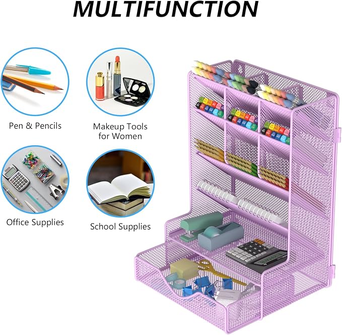 BOHDK Pen Organizer for Desk, Multi-Functional Desk Organizer, Wall Mount Pen Holder with Drawer for School, Office, Home, Art Supplies, Purple - Image 7