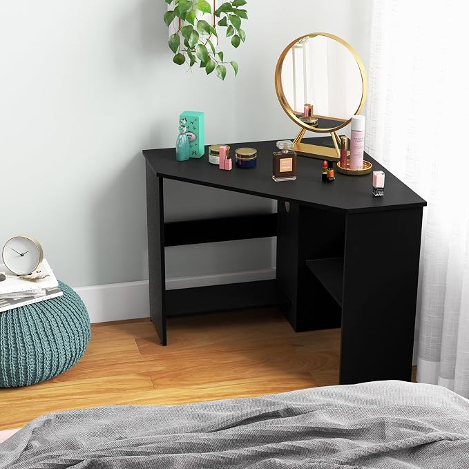 GOFLAME Corner Desk with Storage Shelves, Triangular Computer Desk with Cable Management Holes, Laptop Workstation for Small Space, Makeup Vanity Desk for Living Room, Study, Black - Image 9