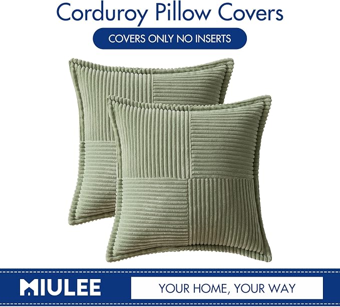 MIULEE Spring Decorative Throw Pillow Covers for Couch Bed Livingroom 20x20 Inch Set of 2 Sage Green Boho Accent Throw Pllows Broadside Striped Patchwork Soft Corduroy Pillowcases - Image 6