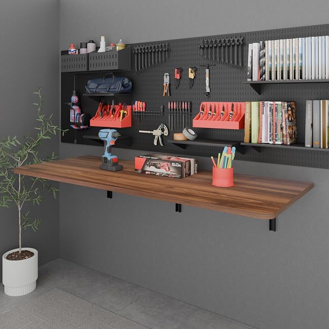 IAE 48x22in Floating Fold Desk,Wall-Mounted Folding Computer Table,Walnut | Study Table with Shelf Brackets,Foldable Down Shelf with Engineered Wood,Fold Computer Desk for Small Apartment,Holds 507 lb - Image 7