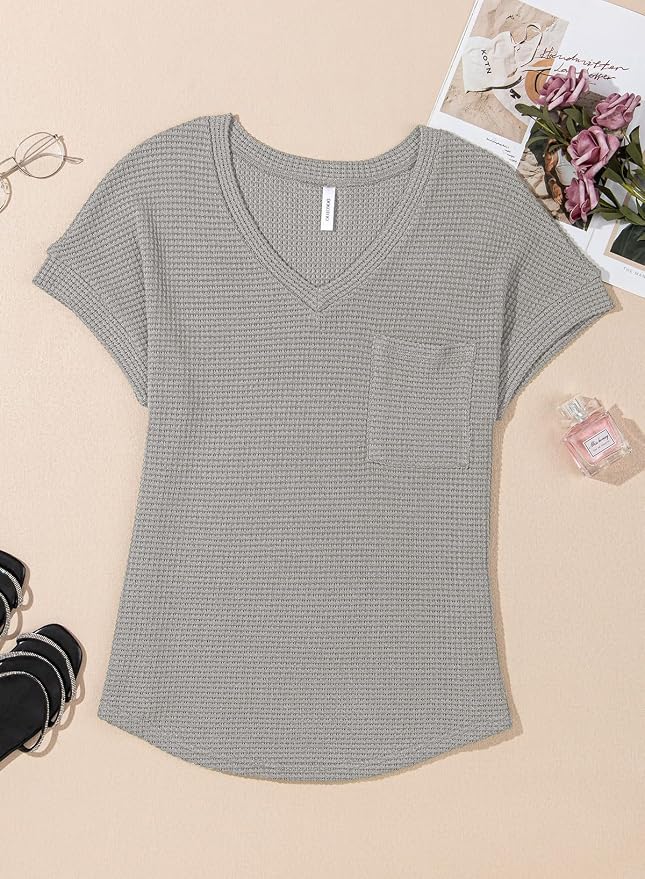 Dokotoo Womens Waffle Knit Tops 2026 Spring Summer V Neck Shirts Casual Trendy Women's Blouses Basic Tee - Image 5
