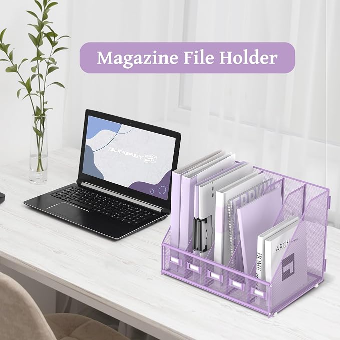 SUPEASY Desk Organizers Metal Desk Magazine File Holder with 5 Vertical Compartments Rack File Organizer for Office Desktop, Classroom, Home Workspace, Purple - Image 7