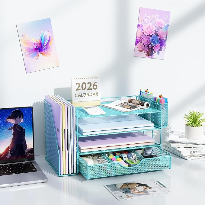 gianotter Desk Organizers and Accessories with File Holder, 4-Tier Desk Accessories & Workspace Organizers with Drawer and 2 Pen Holder, Paper Organizer for Office Supplies (Blue) - Image 7