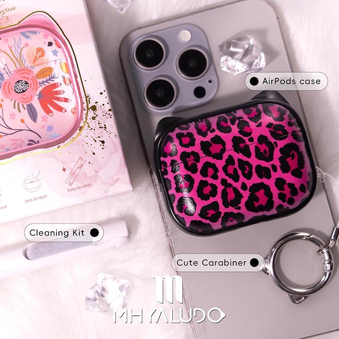for AirPods Pro 2 Case with Cleaning Kit, Cute Cat Ear Print Design & Cute Buckle for Girls, Phone Holder & Top Safe Lock Buckle Design for AirPods Pro 2nd/1st Gen case, Rose Leopard - Image 7