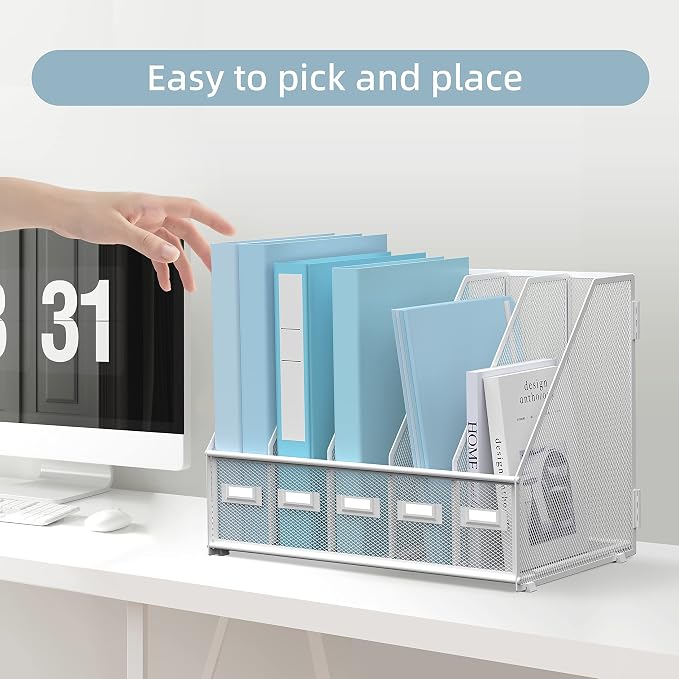 SUPEASY Desk Organizers Metal Desk Magazine File Holder with 5 Vertical Compartments Rack File Organizer for Office Desktop, Classroom, Home Workspace, White - Image 7