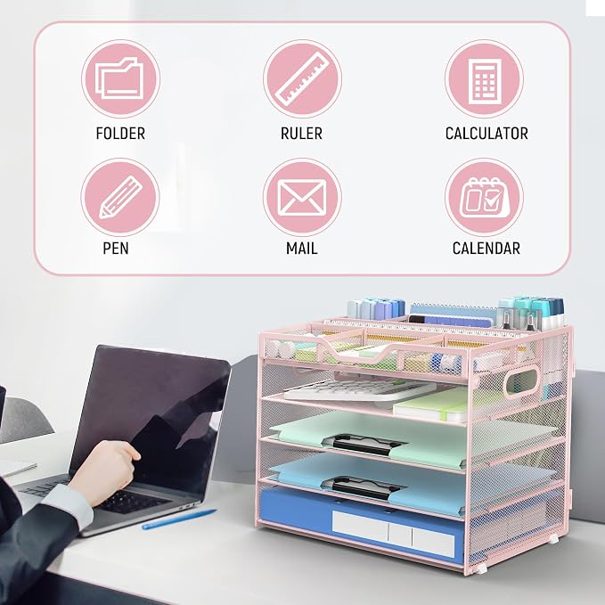 Docnest 5 Tier Mesh Desk Organizer with Removable Tray&Pen Holder, Pink | Features 3 detachable pen holders and 4 removable dividers.Versatile mesh desktop storage for mail, document,office supplie - Image 7
